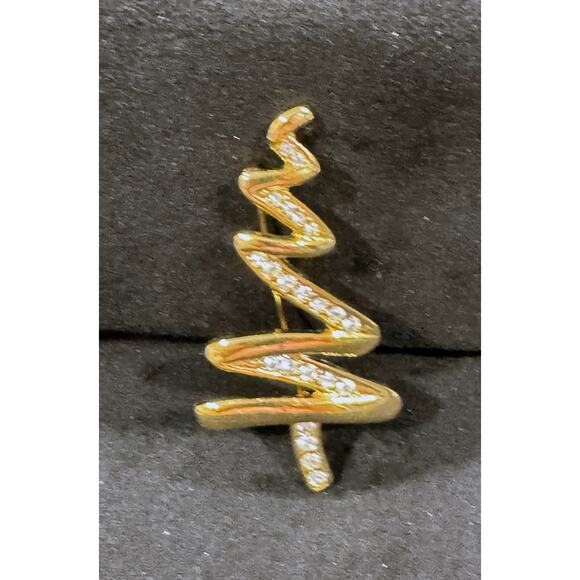 Gold Swirl Christmas Tree Brooch with Clear Rhinestones Holiday Jewelry CP62 - Picture 3 of 4
